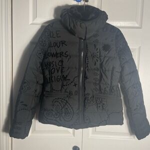 Desigual Padded Sunna Jacket Women 42 Black Paisley Puffer Coat Removable Collar